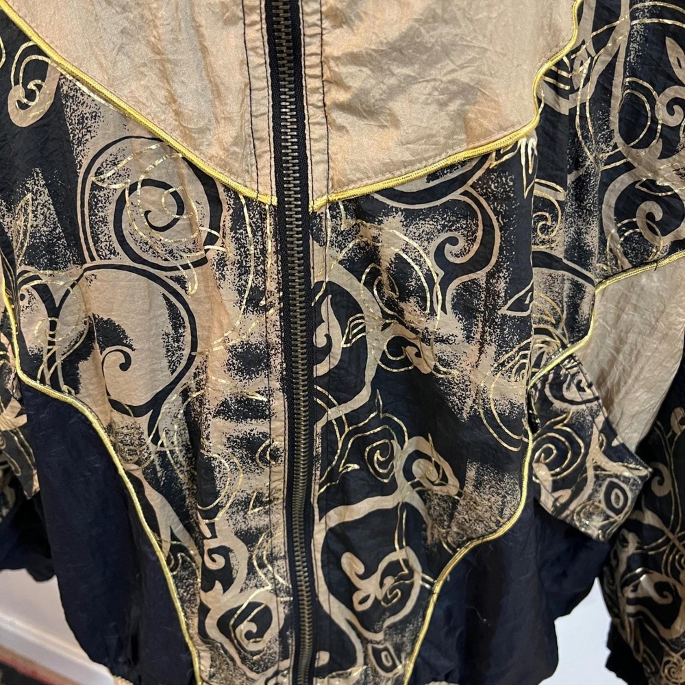 Vintage 90s Windbreaker Jacket Gold Black Print Bomber Mob Wife L - Picture 11 of 12